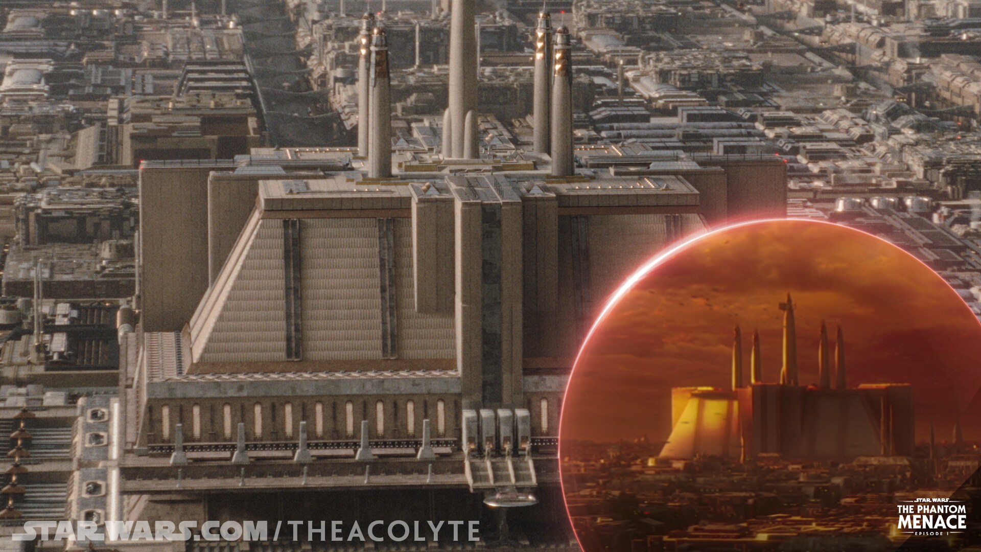 On Coruscant, the Jedi Temple looks slightly different from the prequel films as the skyline is s...