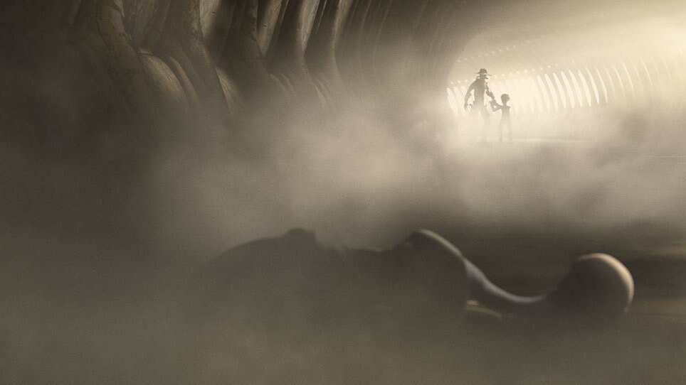 Bane leads Omega slowly through mist-filled corridors until they come upon a body: Taun We lies m...