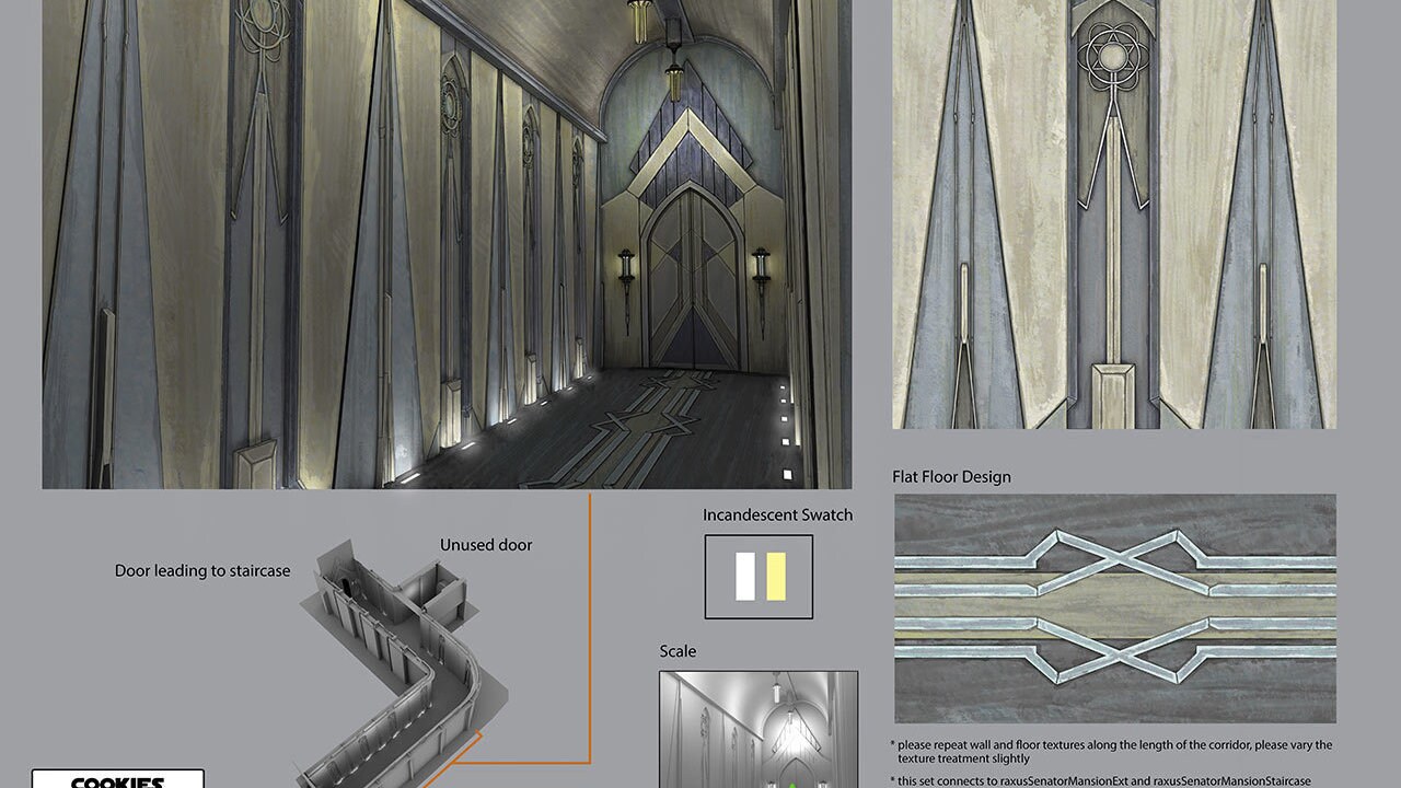 Raxus senator mansion corridors concept art by Angela Chen