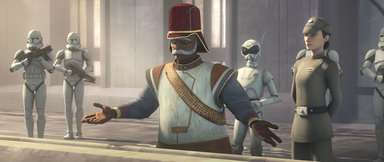 Cheers greet the senator as he comes to speak. Though he at first shows support for the Empire's new laws, Singh's tone soon changes and he calls the Imperial presence an 