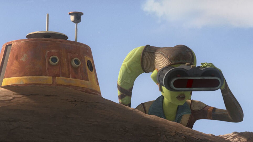 From a rocky perch, Hera Syndulla and her droid Chopper spy on a mining facility. When nothing lo...