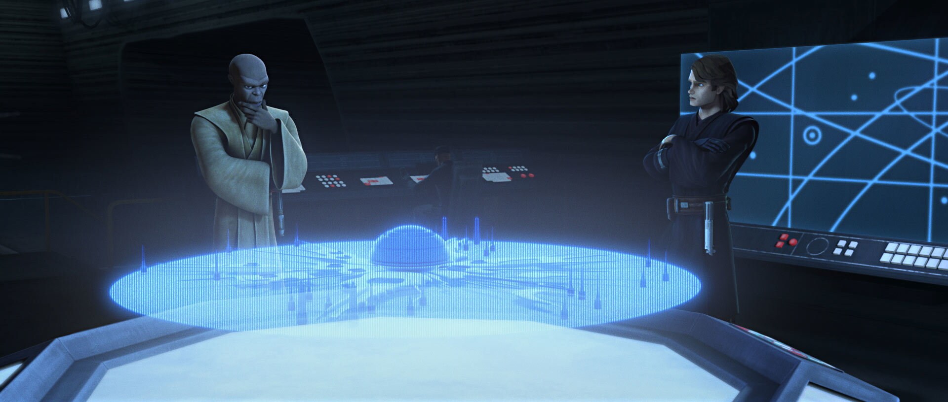 Jedi Generals Anakin Skywalker and Mace Windu meet with Captain Rex and Commander Cody, discussin...