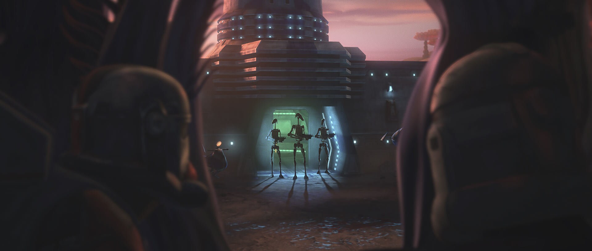 When they arrive at an outpost, the clones storm the entrance, blasting their way into the tower....