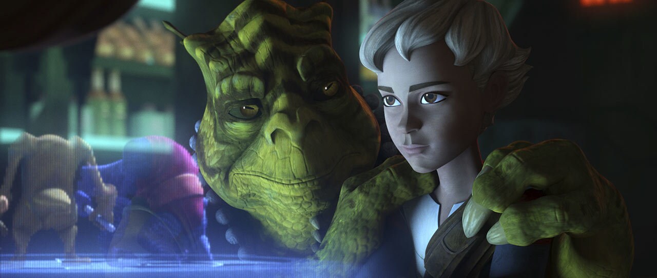 Cid speaks with Omega at a dejarik table in Star Wars: The Bad Batch.