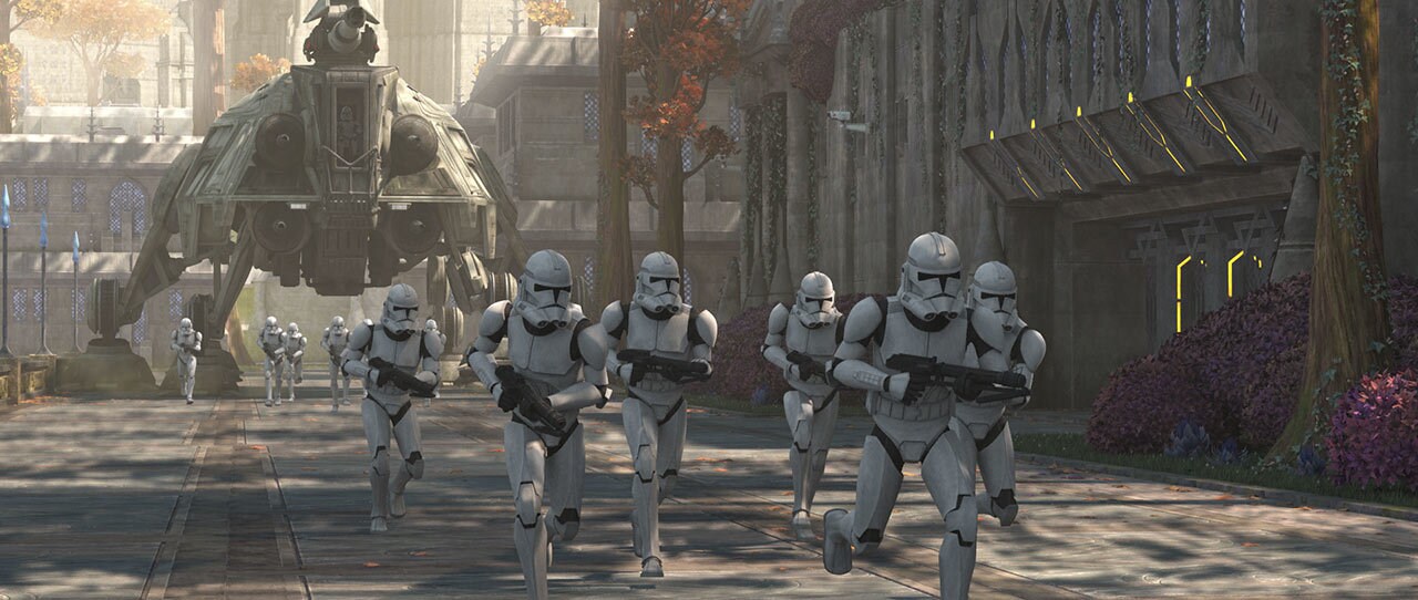 A squad of clone troopers run into battle in Star Wars: The Bad Batch.