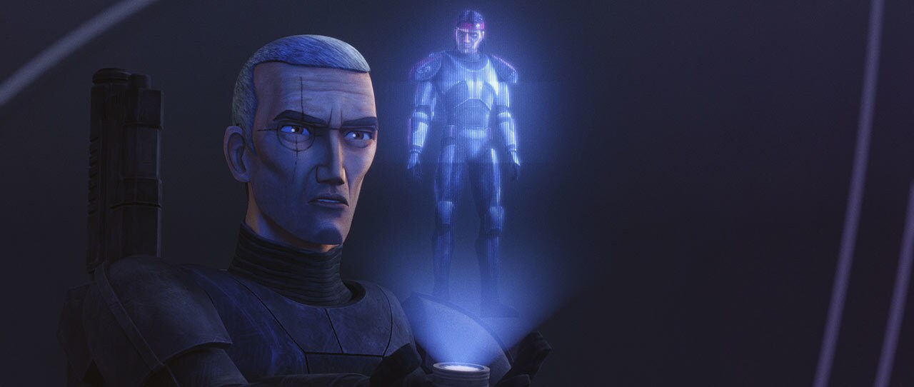 Crosshair observes a hologram of Hunter in Star Wars: The Bad Batch