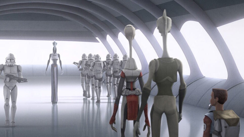 Kaminoans and clone troopers on Kamino.	