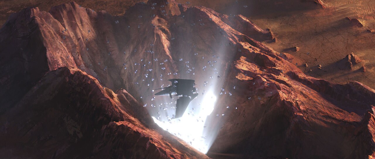 The Marauder hovers above a chasm.