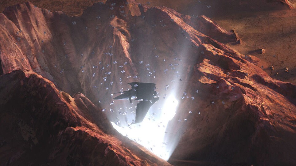 The Marauder hovers above a chasm.	