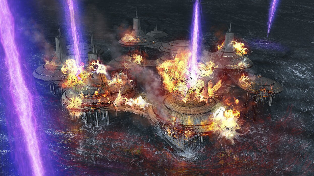 Official Lucasfilm Bad Batch concept art of Imperial fire raining down on Tipoca City, directly depicting its destruction.