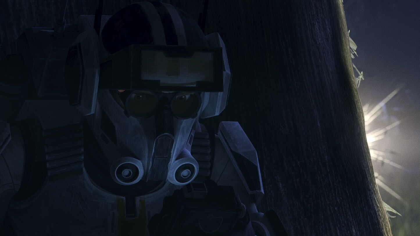 In the darkness, Tech singlehandedly subdues the clone troopers, skillfully eliminating the enemy...