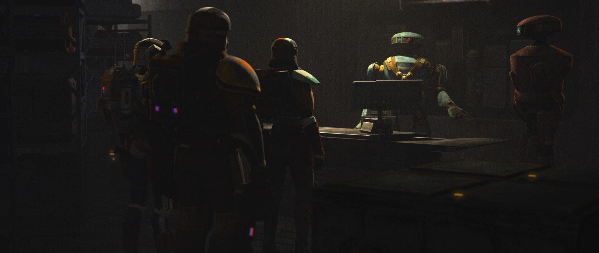 While the droids check Tech's handiwork, Echo preps the ship to make a quick exit as soon as the deal is done. 