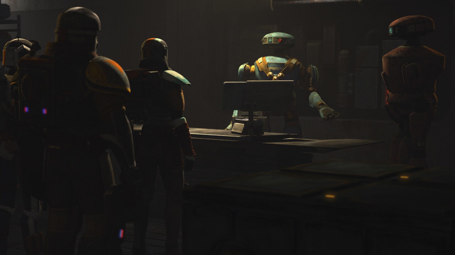 While the droids check Tech's handiwork, Echo preps the ship to make a quick exit as soon as the deal is done. 