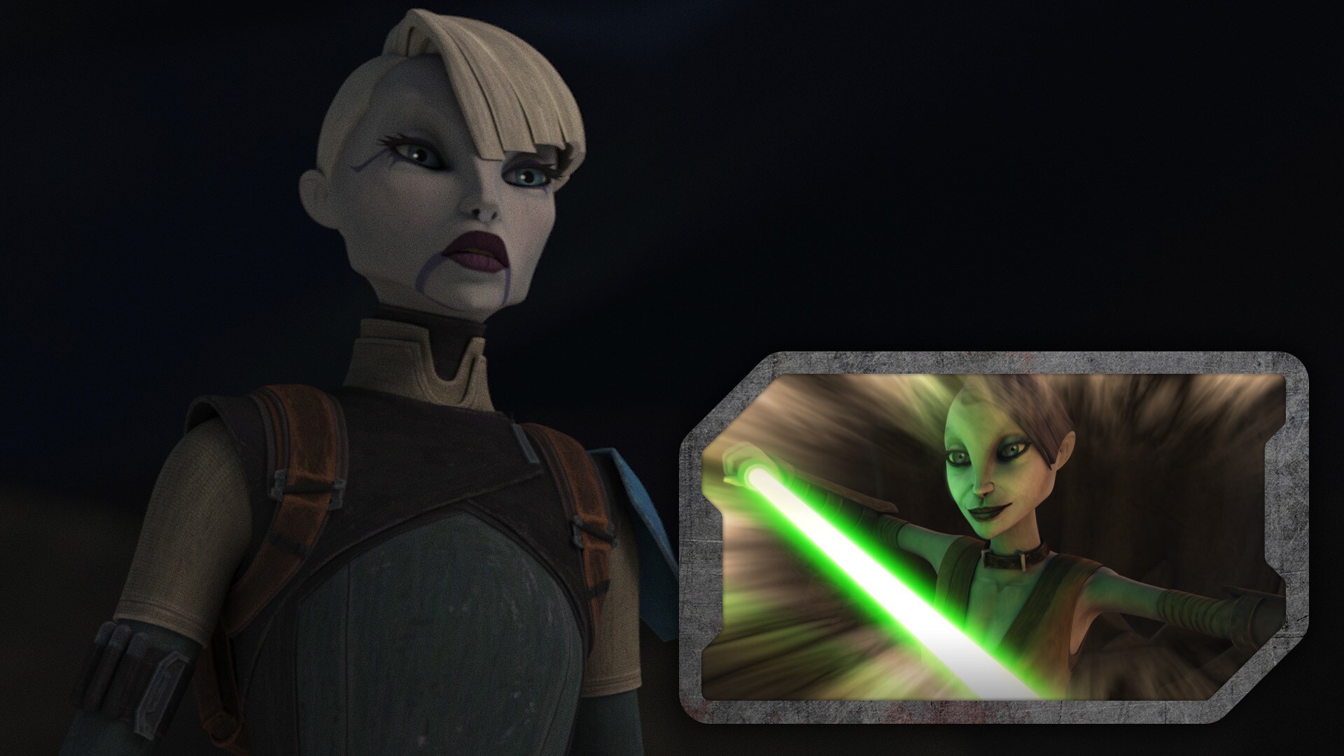 This is the first time that adult Asajj Ventress has been seen with hair on-screen. In Star Wars: The Clone Wars, a young Ventress can be spotted sporting a similar hairstyle.
