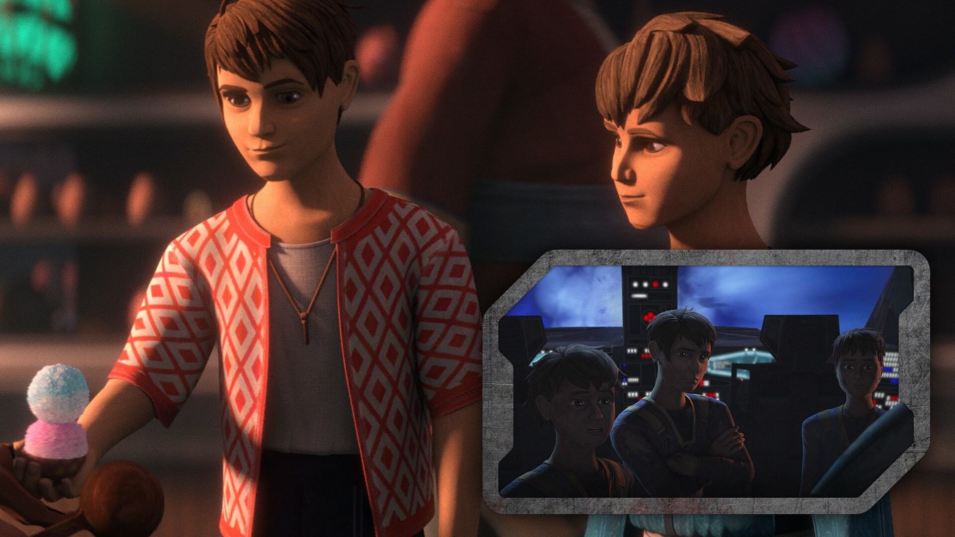 The clone cadets Mox, Deke, and Stak, who were rescued by the Bad Batch in this season's "Paths Unknown," are seen living on Pabu; they sport new outfits befitting their peaceful island life.