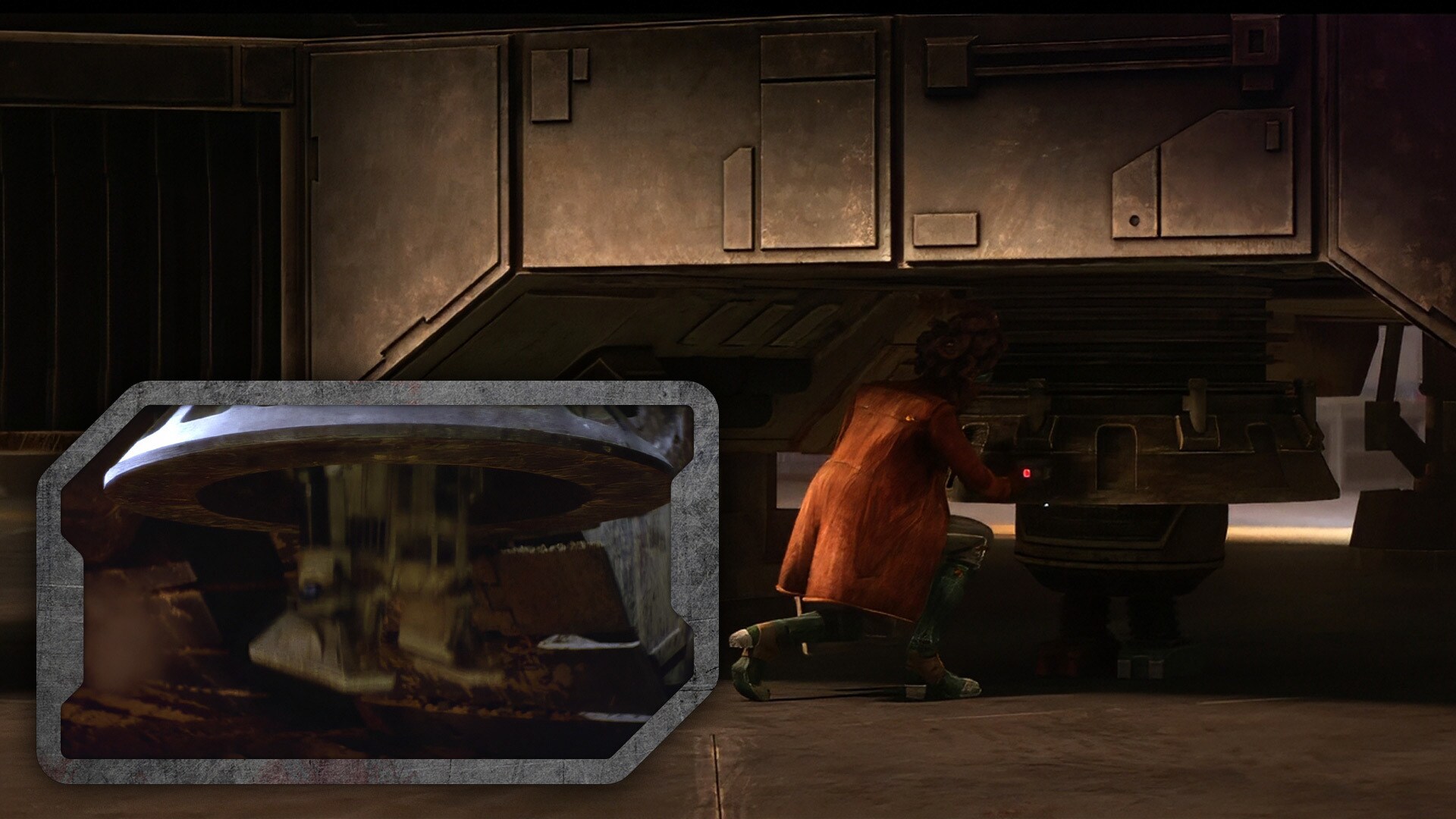 The device used to bring Phee's droid Mel on and off her ship is similar to the suction tube that Jawas employed to pull R2-D2 into their sandcrawler.