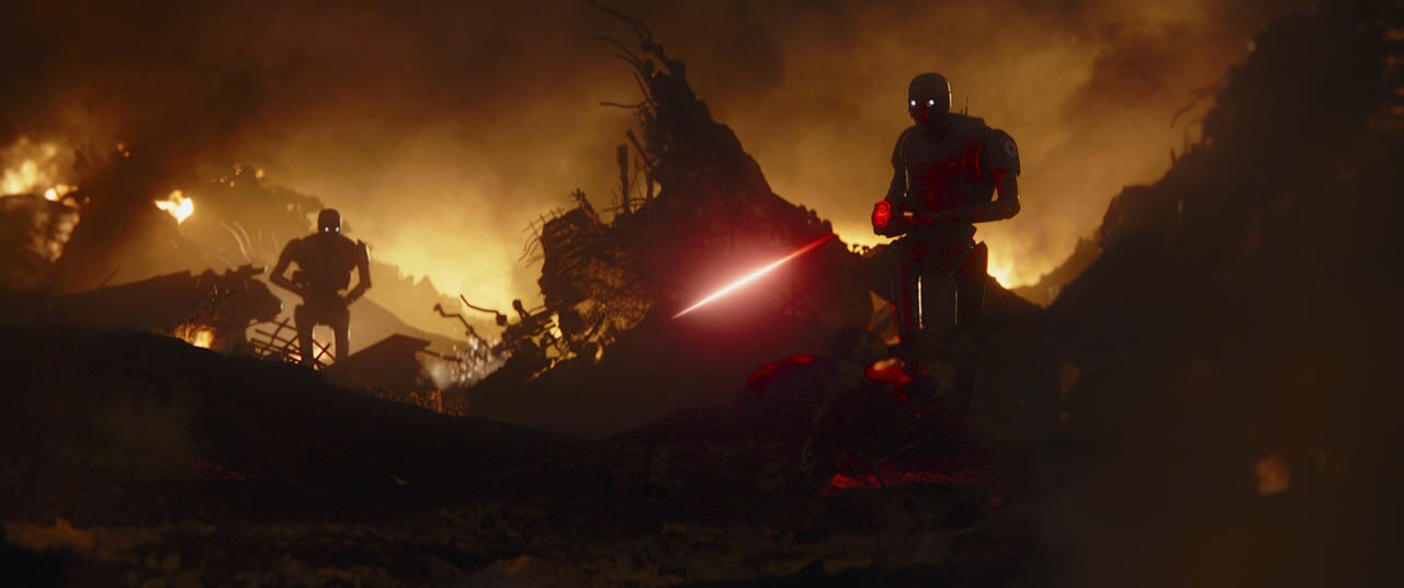 Imperial security droids stalk a fiery landscape of Mandalore
