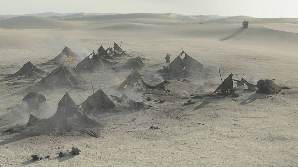 When he returns home, Fett finds the smoldering remains of the massacred Tusken camp and the mark...
