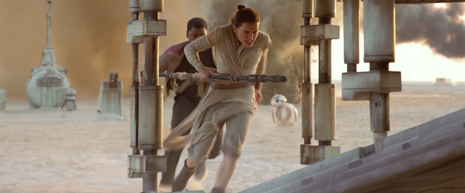 They take off in the old ship, Rey at the controls, Finn at the guns.
