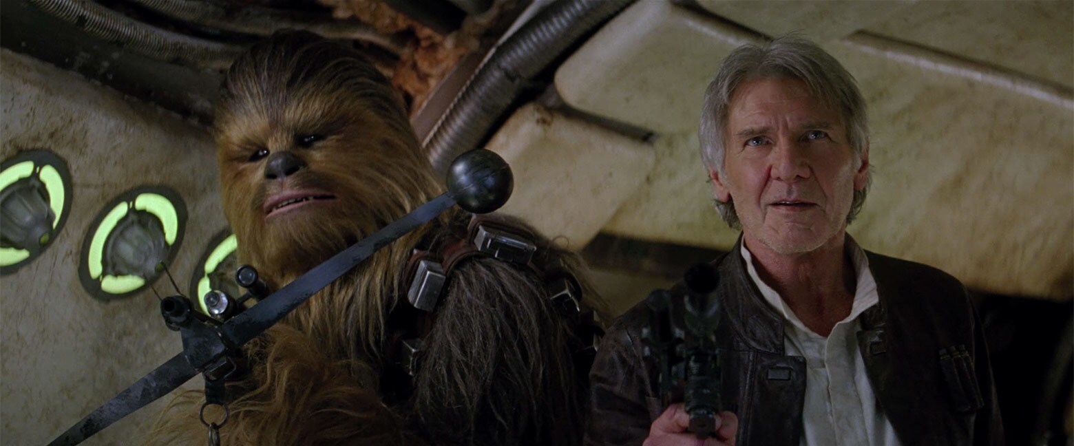 “Chewie,” Han Solo says. “We’re home.” They find Rey, Finn, and BB-8, and tell them to get out fr...