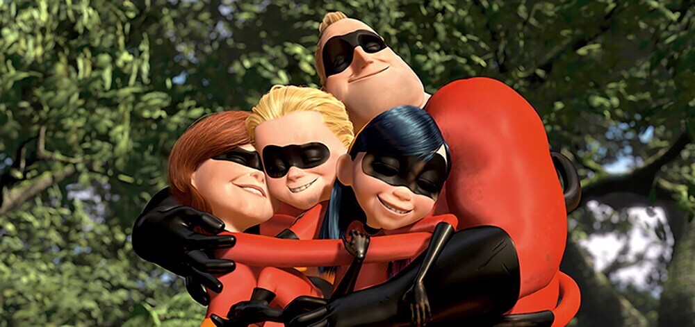 Animated characters, Elasti-girl, Dash, Violet, and Mr. Incredible hugging from the movie "Incredibles"