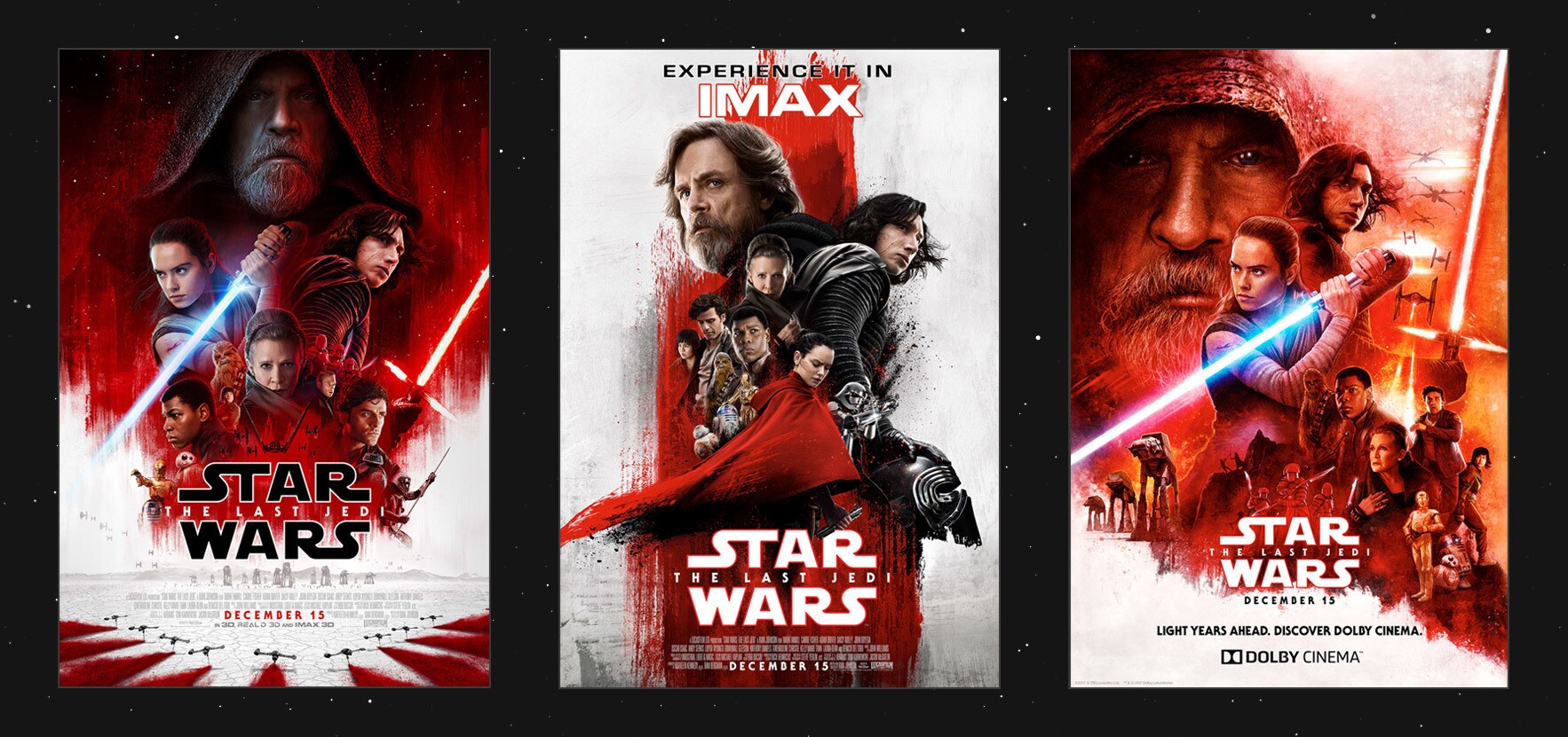 Three variations of promotional posters for The Last Jedi.