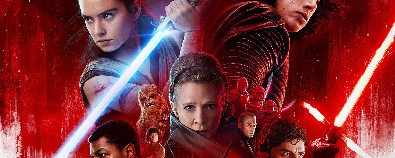 Rey, Kylo Ren, Finn, Princess Leia, and Poe Dameron from Star Wars: The Last Jedi poster art.