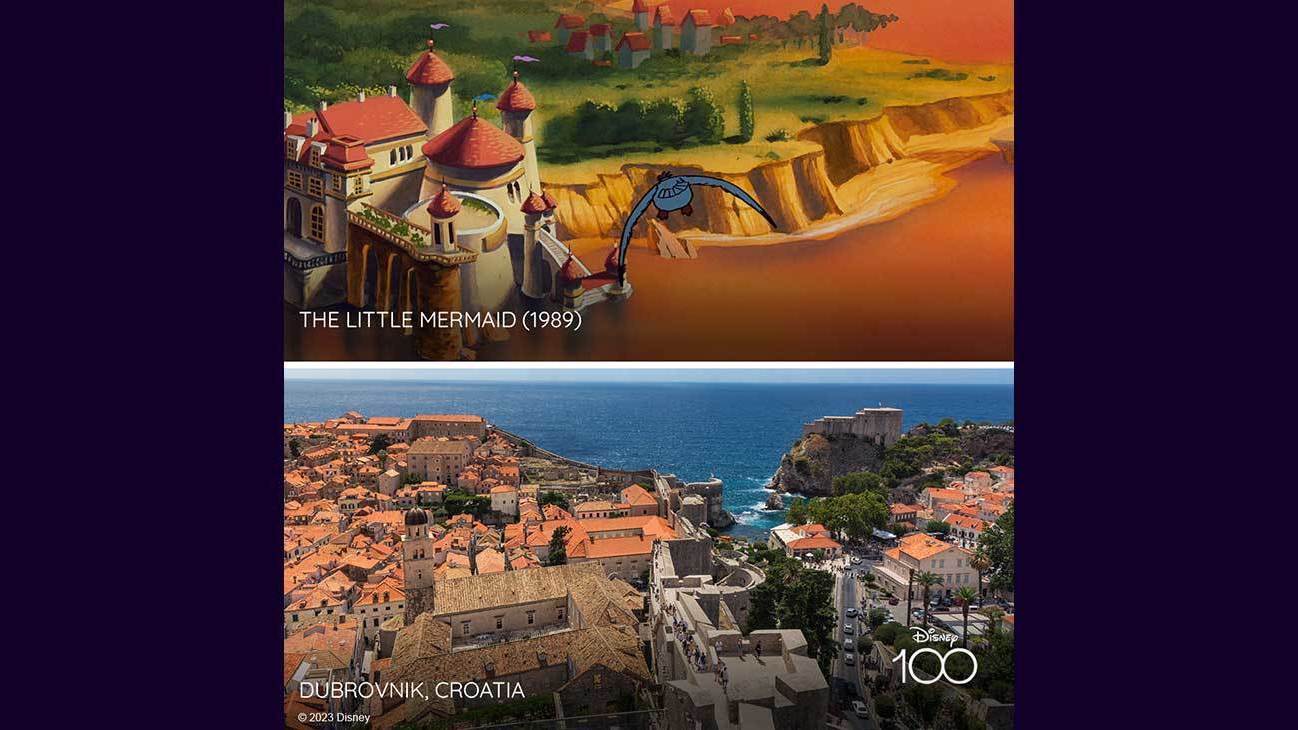 Scene from the Little Mermaid (1989) and image of Dubrovnik, Croatia