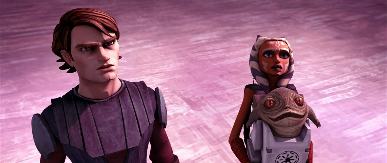 Rotta the Huttlett riding around in Ahsoka Tano’s backpack.