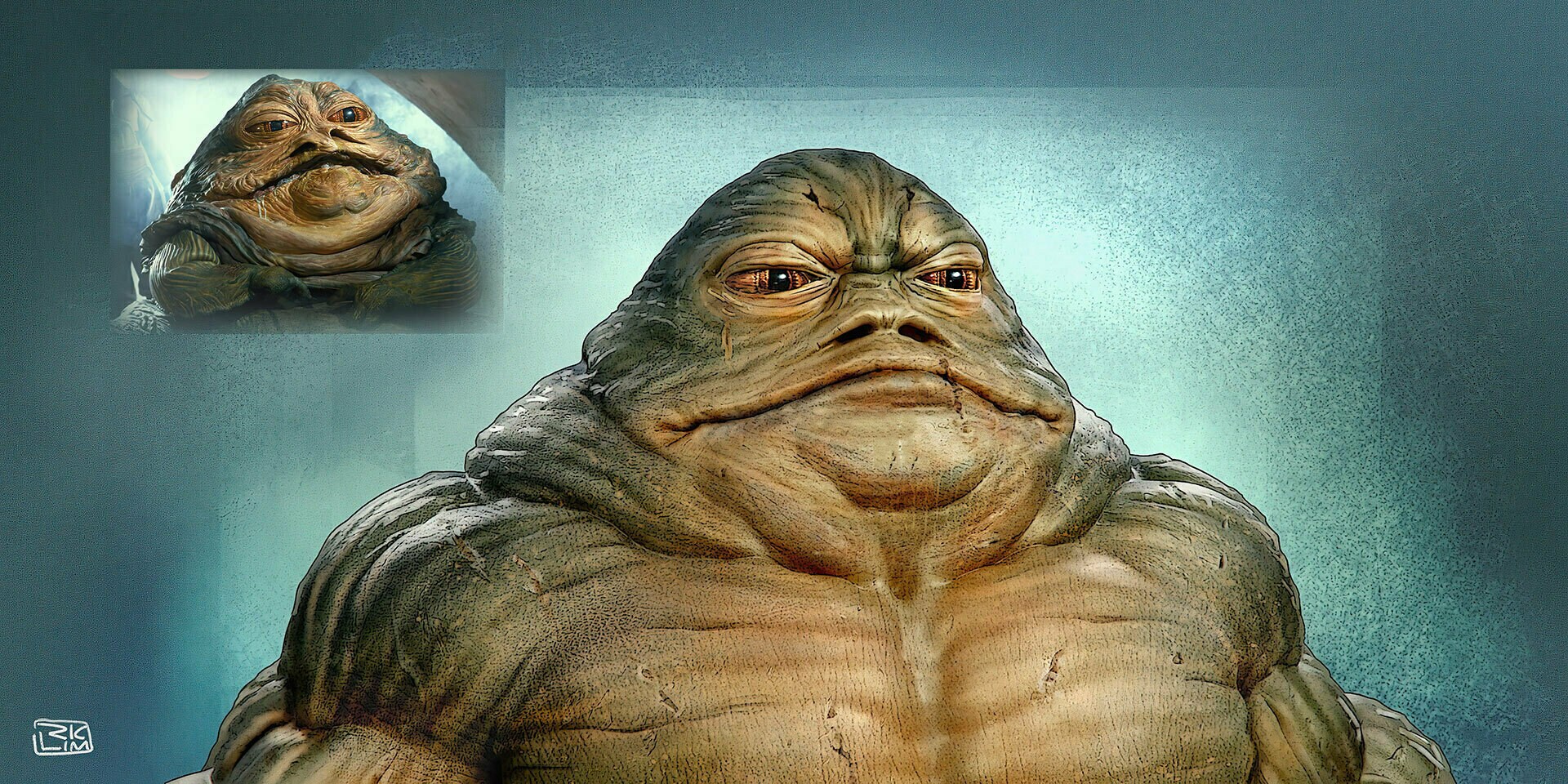 Rotta the Hutt compared to Jabba the Hutt concept art by Richard Lim.