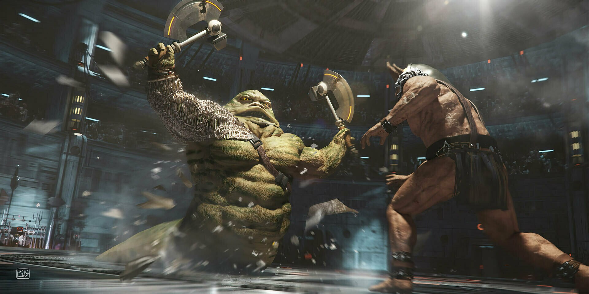 Rotta the Hutt fighting in The Pits concept art by Richard Lim.