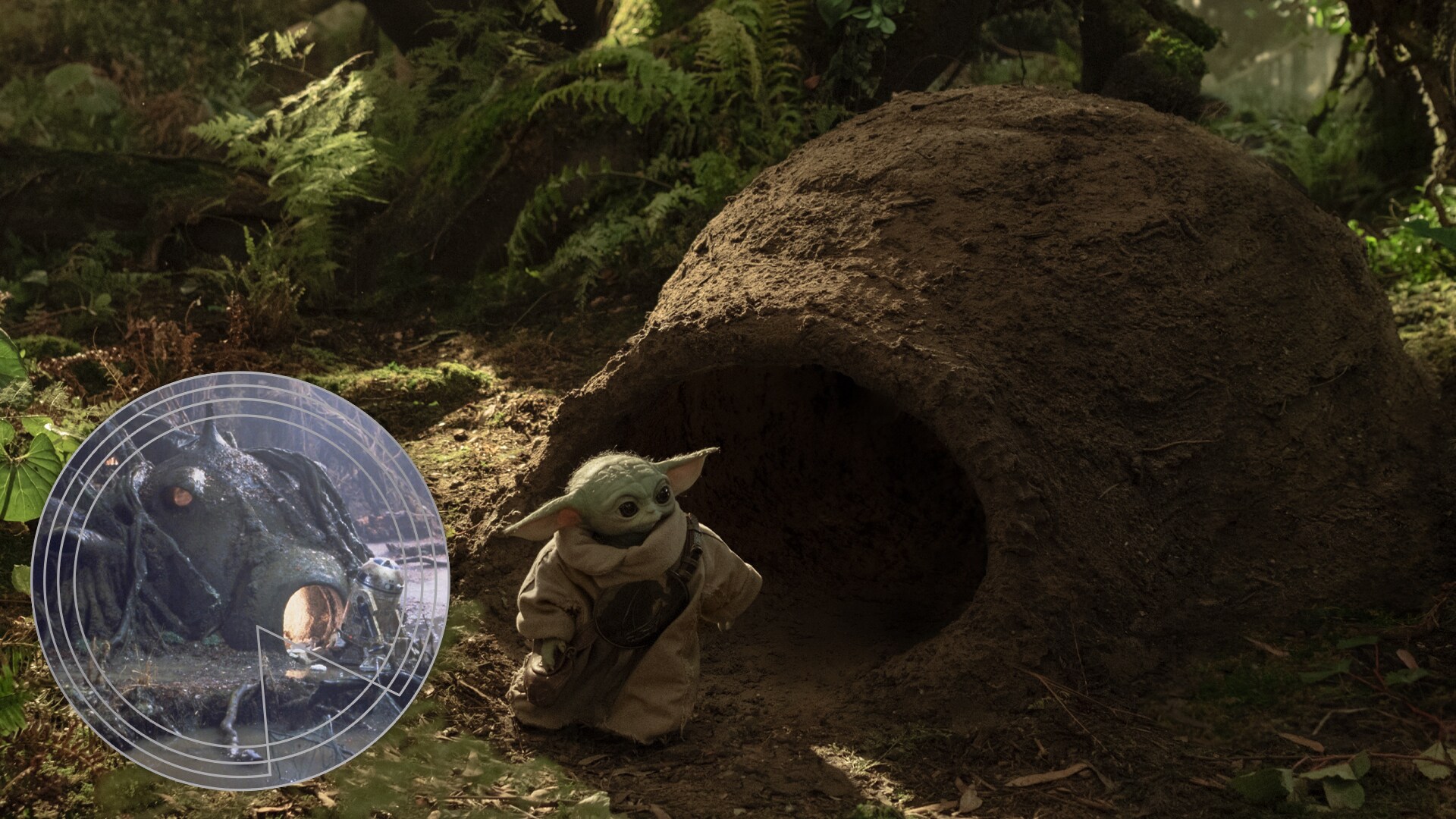 Grogu builds a small shelter out of raw materials sourced in the surrounding environment, similar to Yoda's hut.