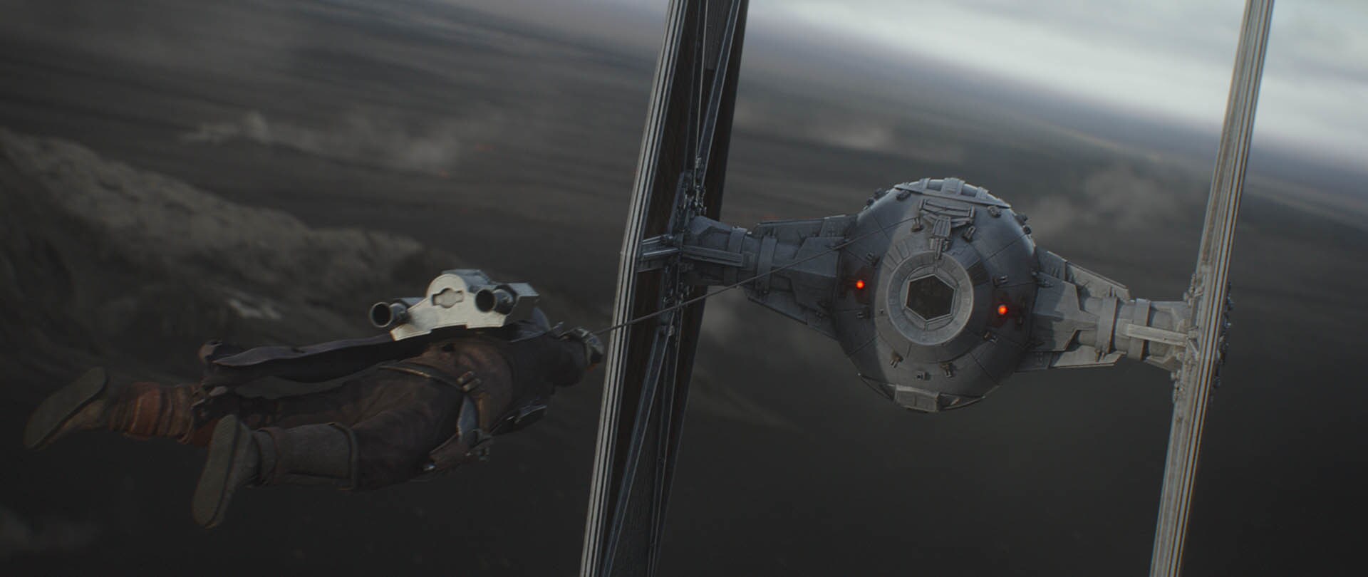 Finally, Moff Gideon arrives in a TIE fighter. Utilizing his jetpack for the first time, the Mand...
