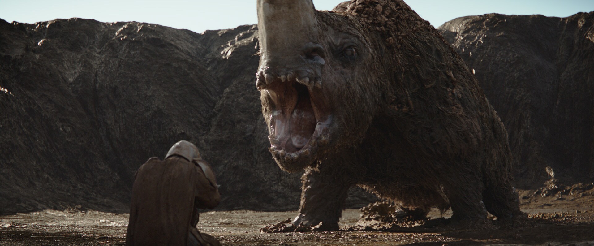 The Mandalorian and a mudhorn fight.