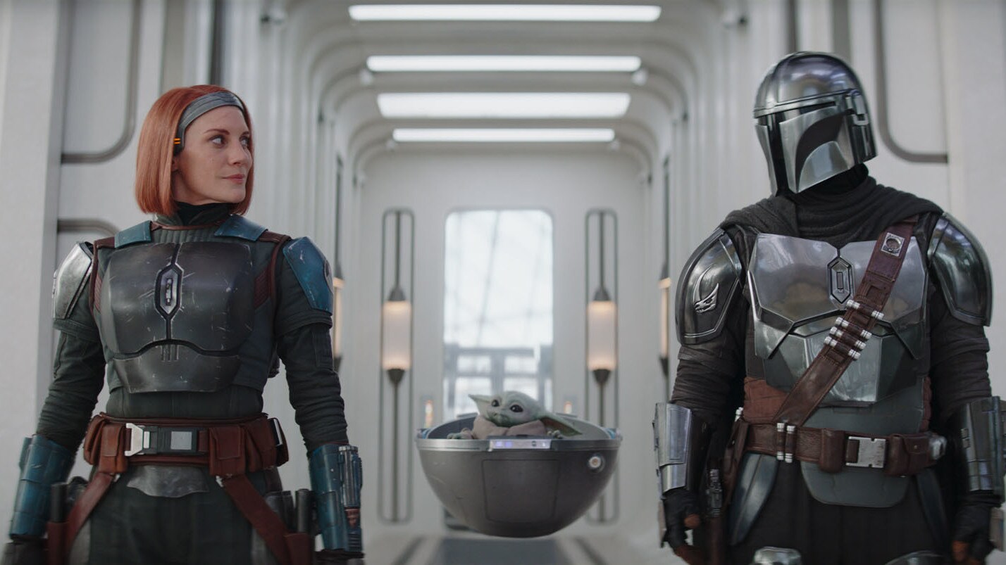 Bo-Katan Kryze, played by Katee Sackhoff, The Mandalorian, played by Pedro Pascal, and The Child in The Mandalorian.