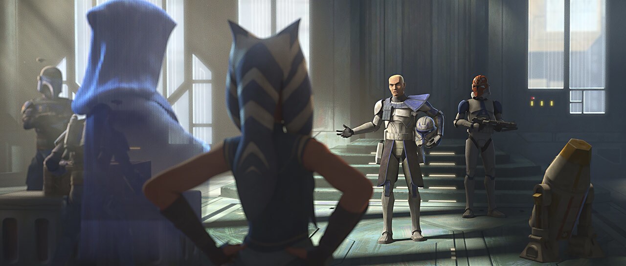 The leaders of the siege reconvene in the throne room. Ahsoka recounts Maul's claim about Sidious...