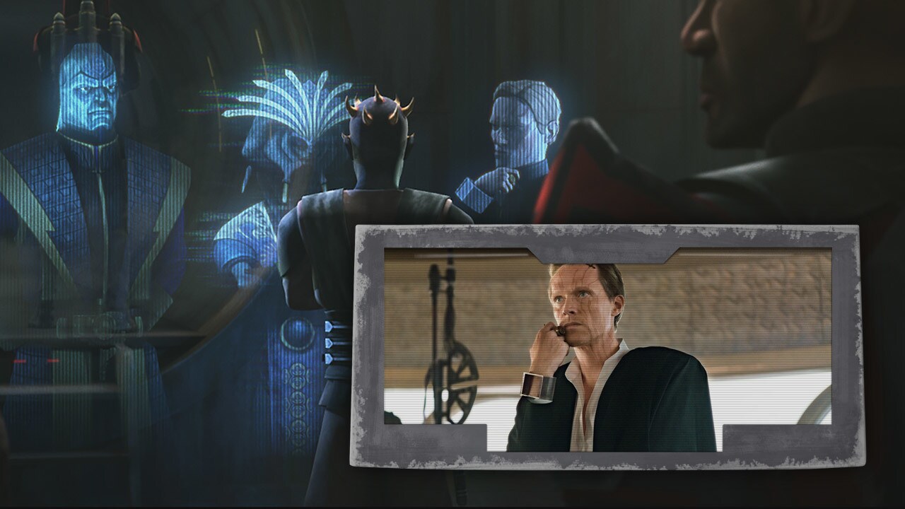 Maul is shown talking to holograms of syndicate leaders of his Shadow Collective, including the B...