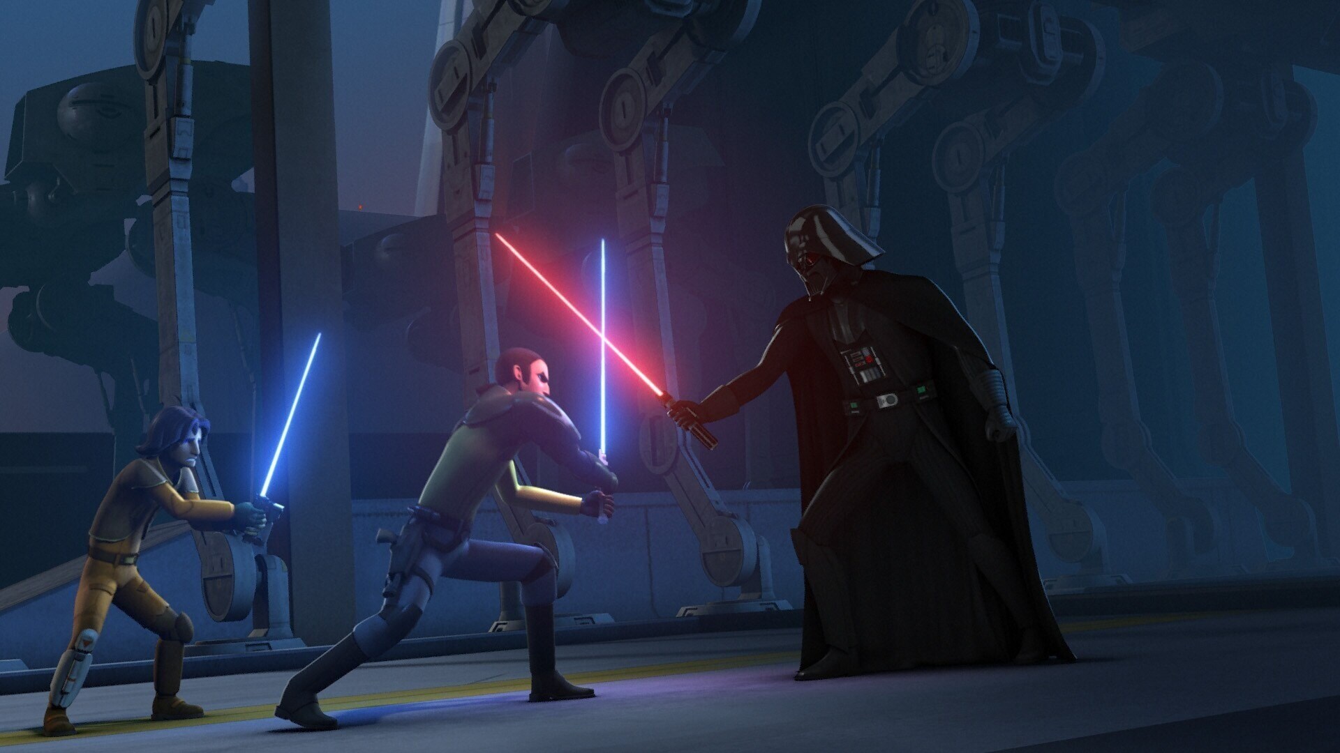 Ezra, Kanan, and Darth Vader in Star Wars Rebels