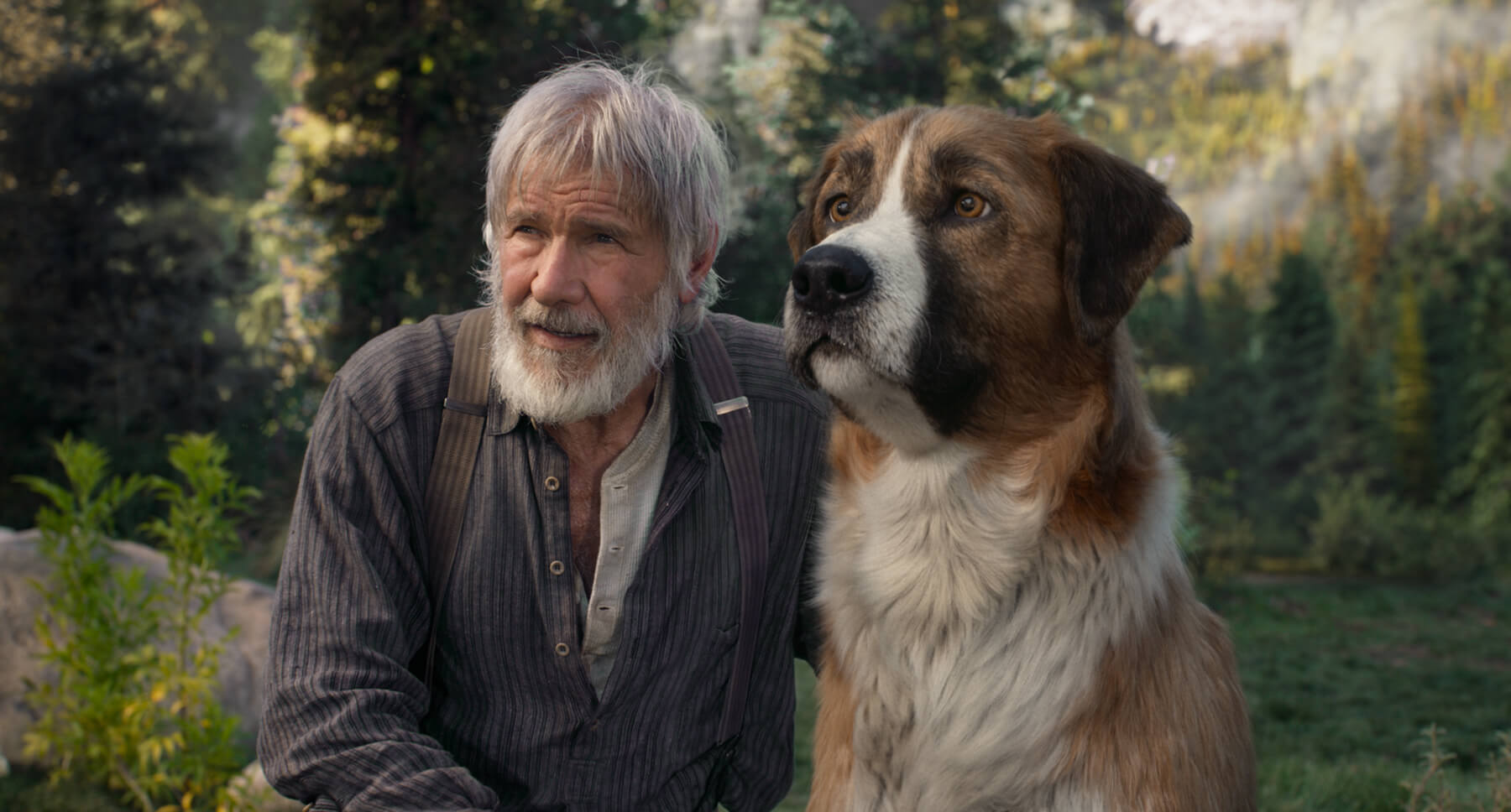 Actor Harrison Ford (as John Thornton) and dog Buck from the movie "The Call of the Wild"