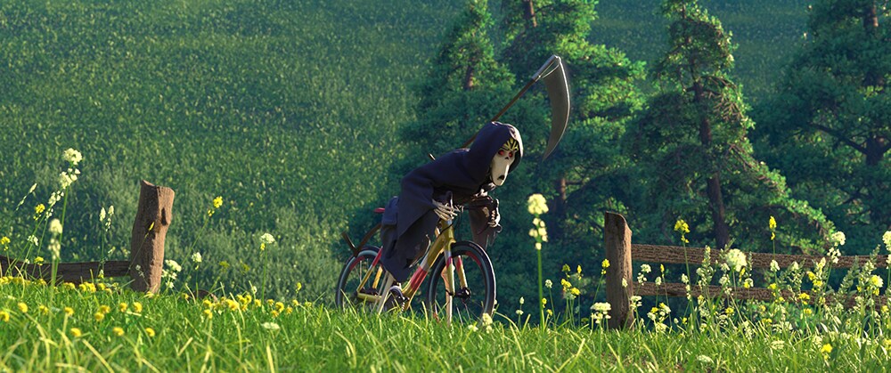 Grim reaper riding a bike in a green meadow