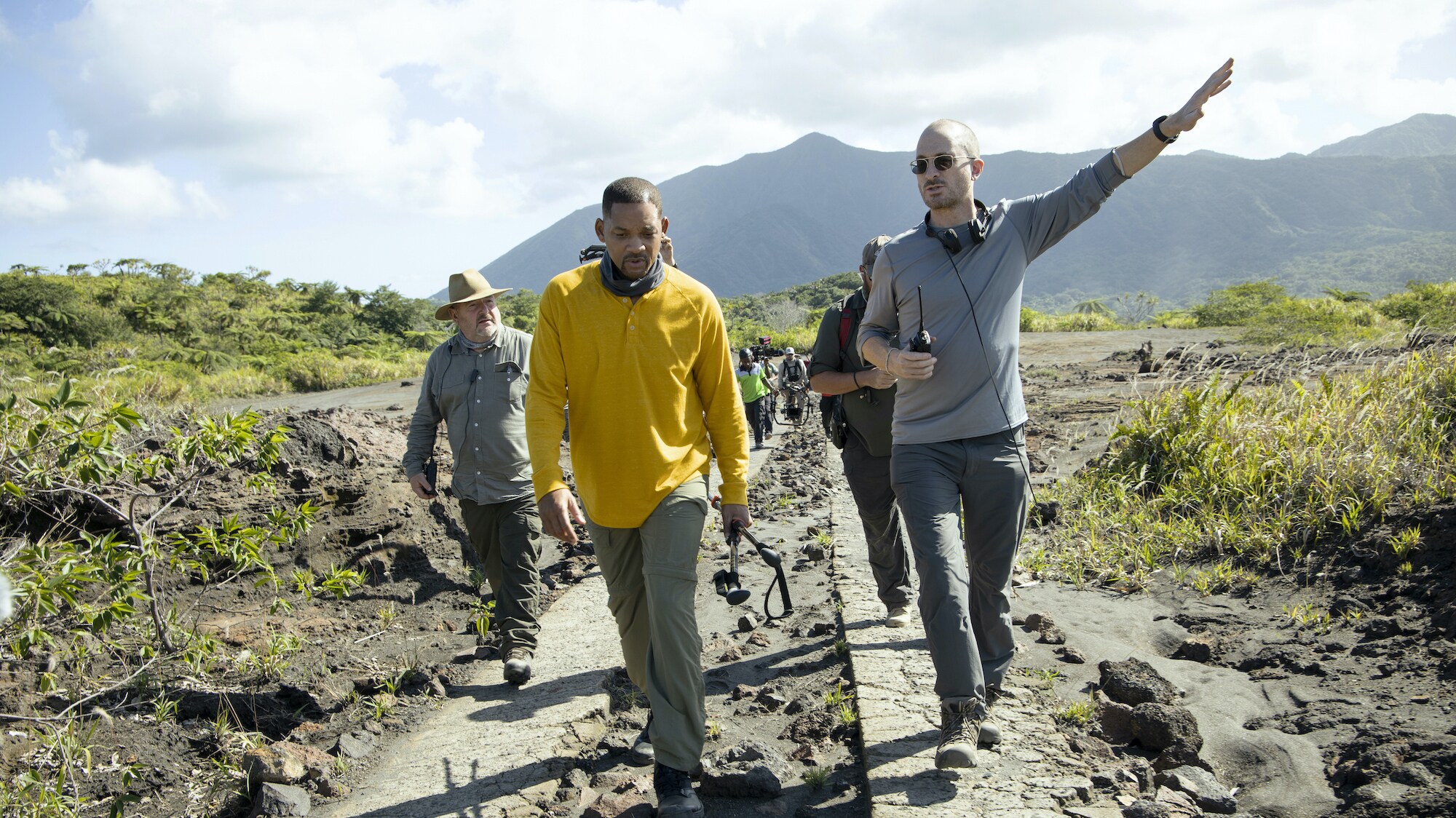 Will Smith, left, and Darren Aronofsky during production of Welcome to Earth where Will descends into a volcano to install sensors. (National Geographic for Disney+/Kyle Christy)