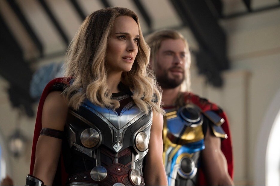 Thor and Jane Foster are both dressed as super heroes in Marvel Studios’ Thor: Love and Thunder