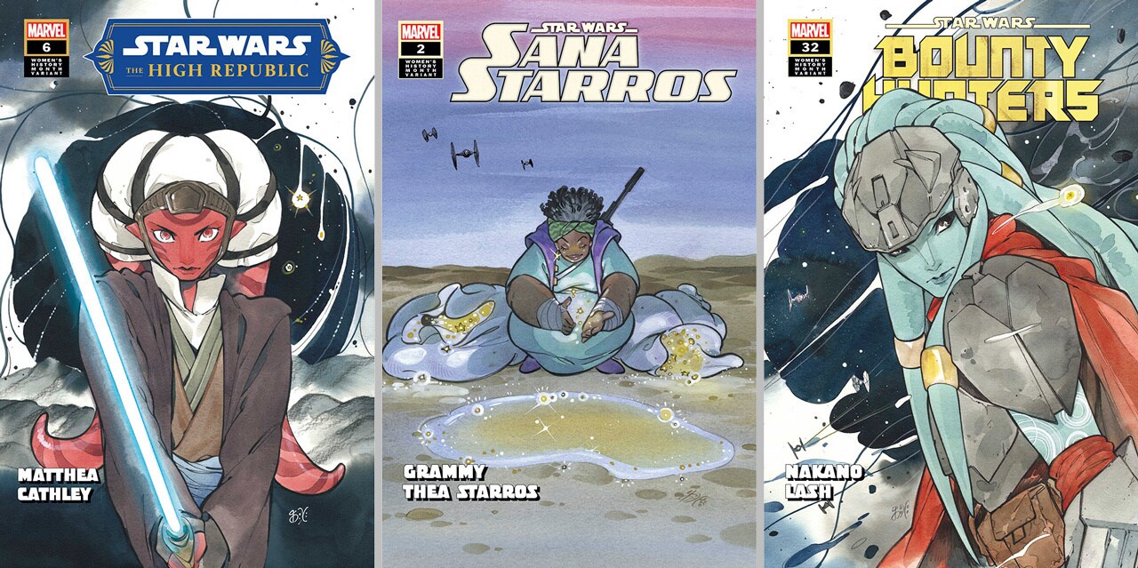 Star Wars: The High Republic #6 Women’s History Month Variant Cover, Star Wars: Sana Starros #2 Women’s History Month Variant Cover, and Star Wars: Bounty Hunters #32 Women’s History Month Variant Cover 