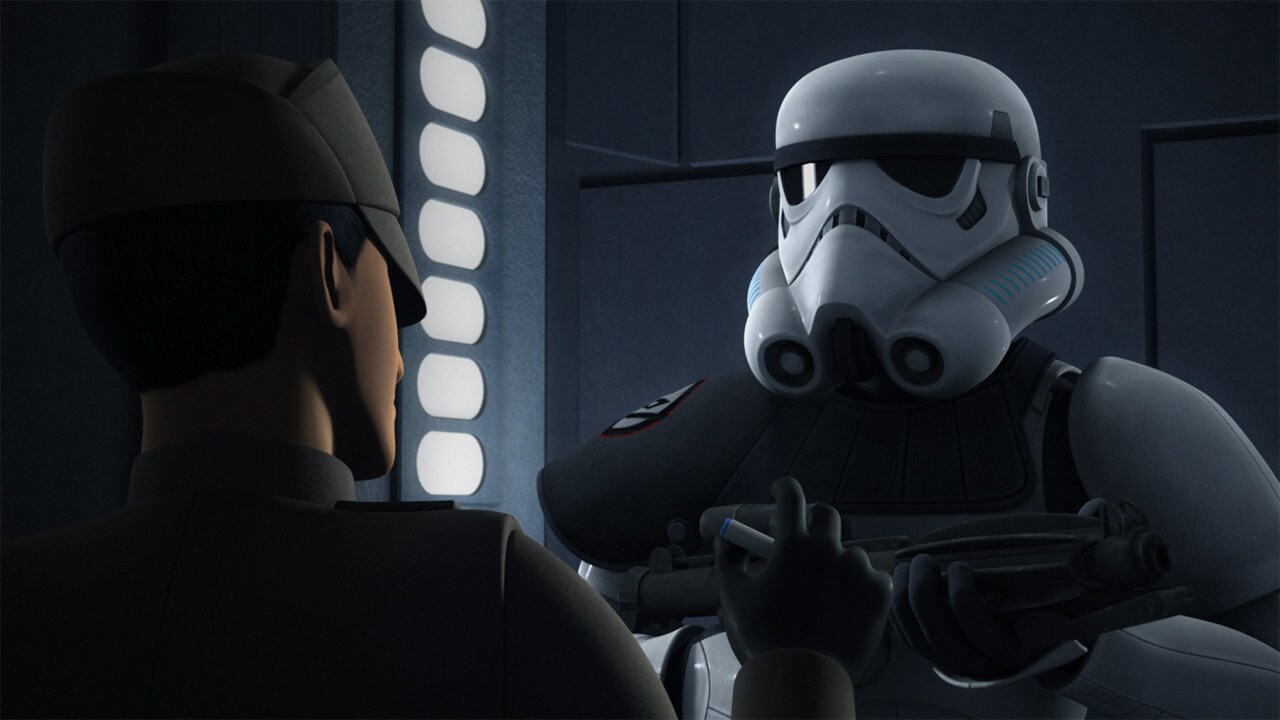 Kallus secures an Imperial uniform for Ezra, who uses a Jedi mind trick on the stormtrooper guard...