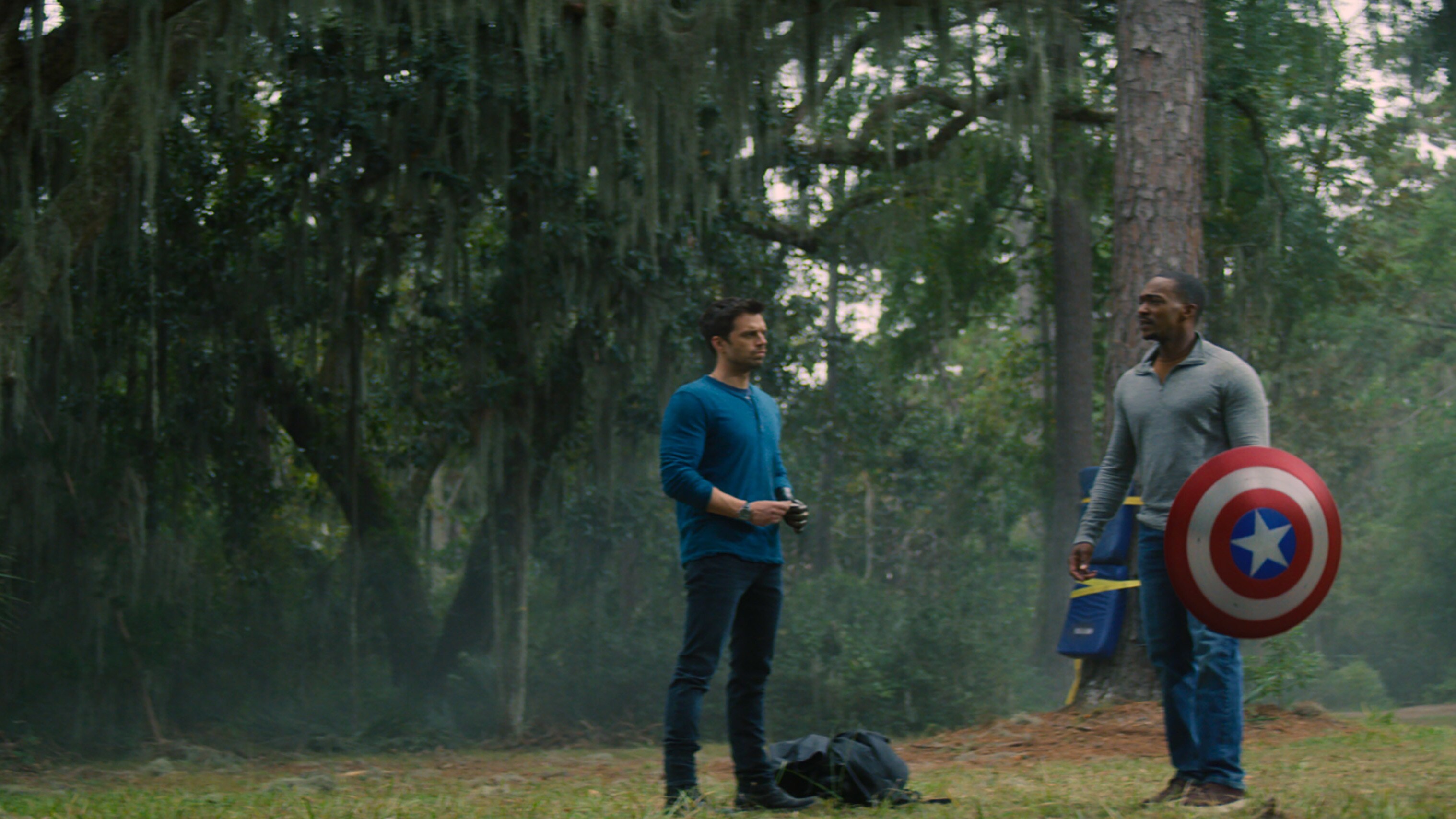 (L-R): Winter Soldier/Bucky Barnes (Sebastian Stan) and Falcon/Sam Wilson (Anthony Mackie) in Marvel Studios' THE FALCON AND THE WINTER SOLDIER exclusively on Disney+. Photo courtesy of Marvel Studios. ©Marvel Studios 2021. All Rights Reserved.