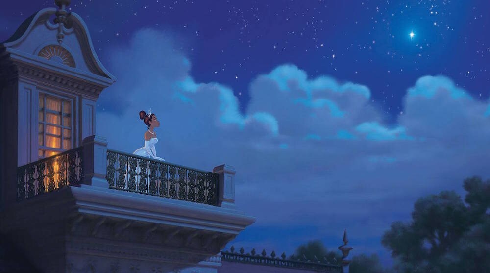 Tiana on a balcony looking at the stars in the animated movie "The Princess and the Frog"