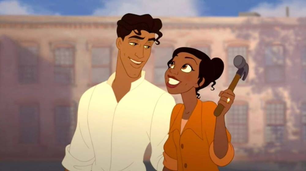 Animated characters Prince Naveen and Princess Tiana from the film "The Princess and the Frog"