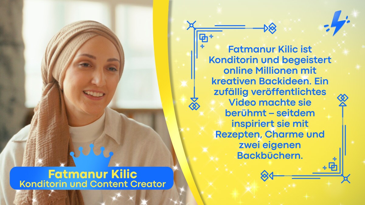 Fatmanur Kilic mit einem Beschreibungstext über sie selbst vor gelbem Hintergrund
