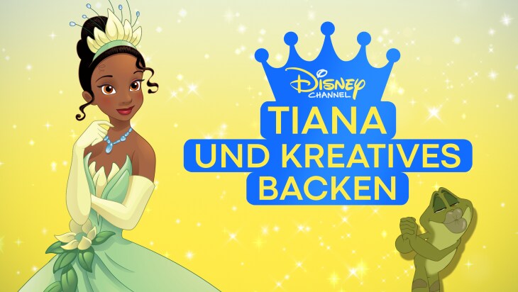 Prinzessin Tiana und ein Frosch vor einem gelben Hintergrund mit Disney Channel Prinzessinnen Sommer Logo