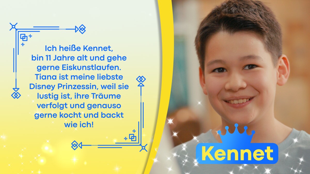 Gewinnerkind Kennet mit einem Beschreibungstext über ihn selbst vor gelbem Hintergrund